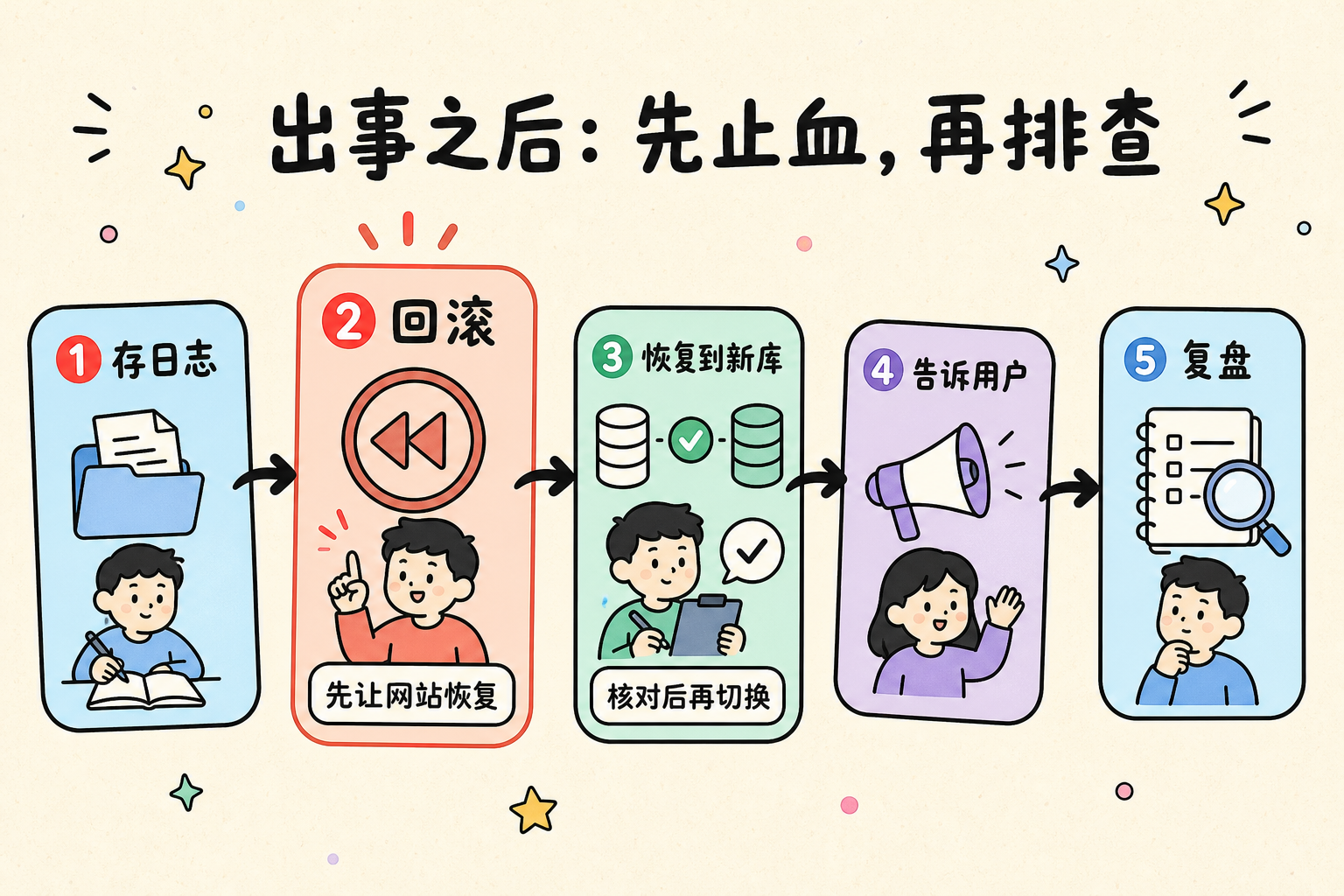 出事之后的五步：存日志、回滚、恢复到新库、告诉用户、复盘